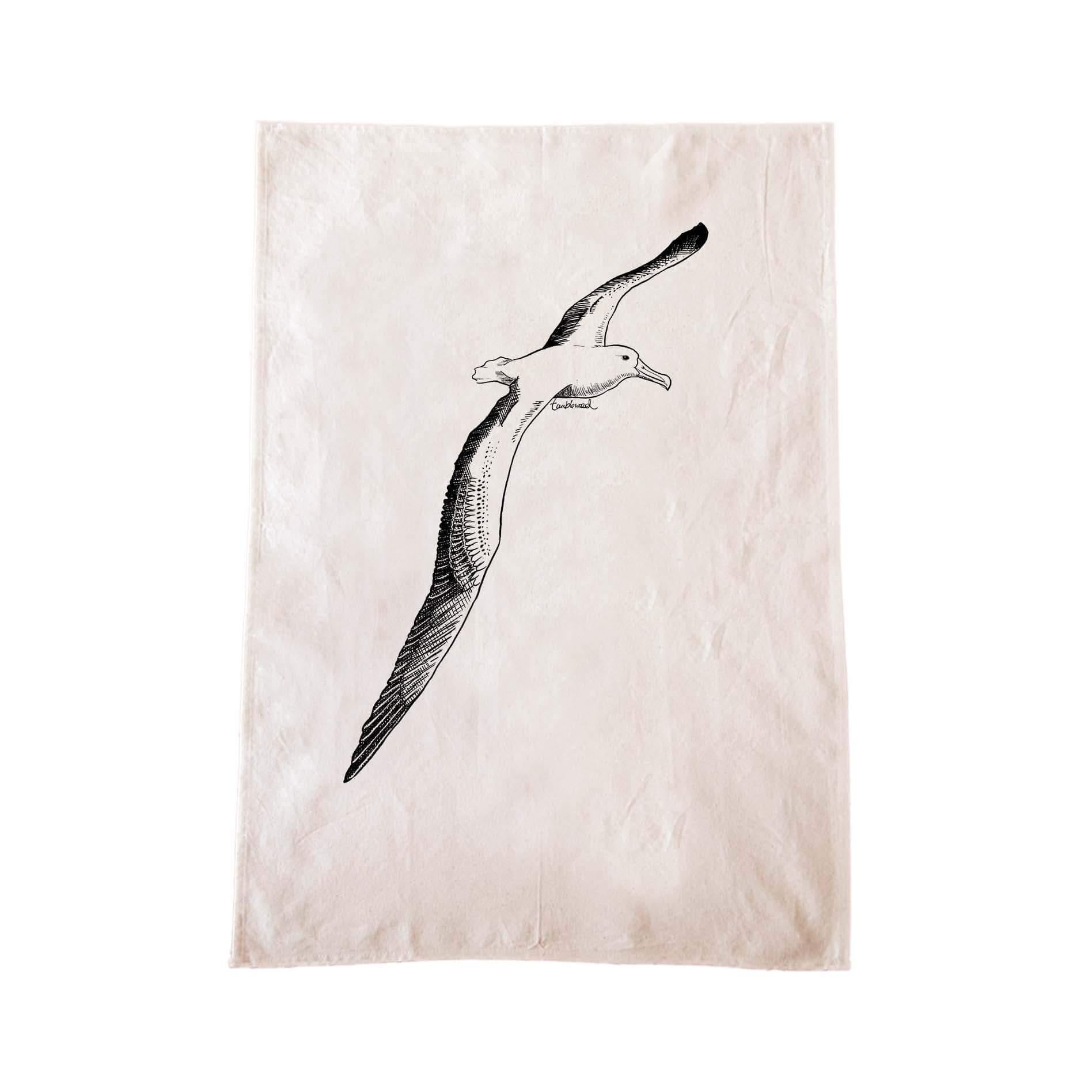Off-white cotton tea towel with a screen printed Albatross design.