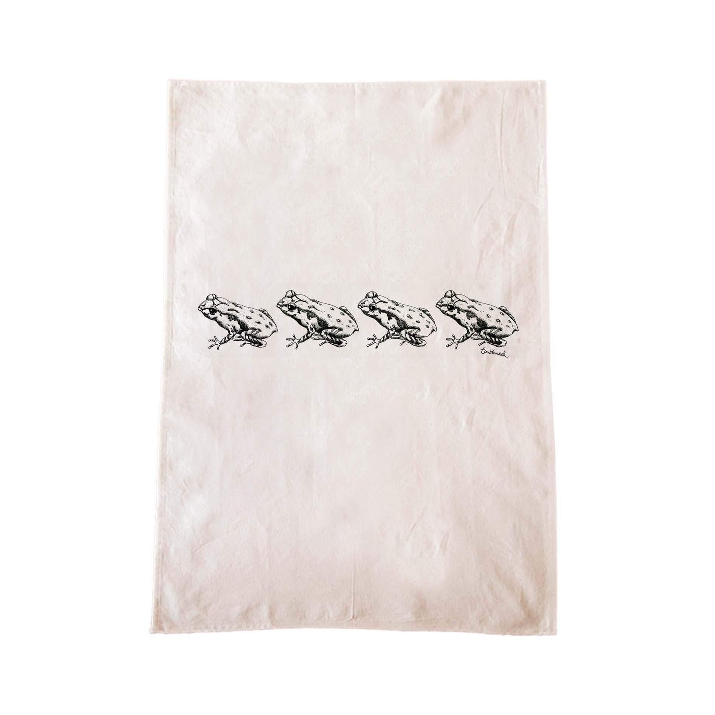 Off-white cotton tea towel with a screen printed Archey's Frog design.