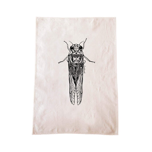 Off-white cotton tea towel with a screen printed Cicada/kihikihi-wawā design.
