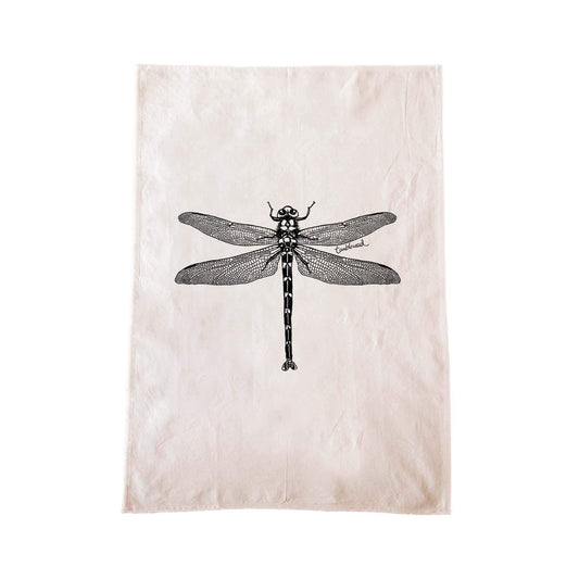 Off-white cotton tea towel with a screen printed Dragonfly design.