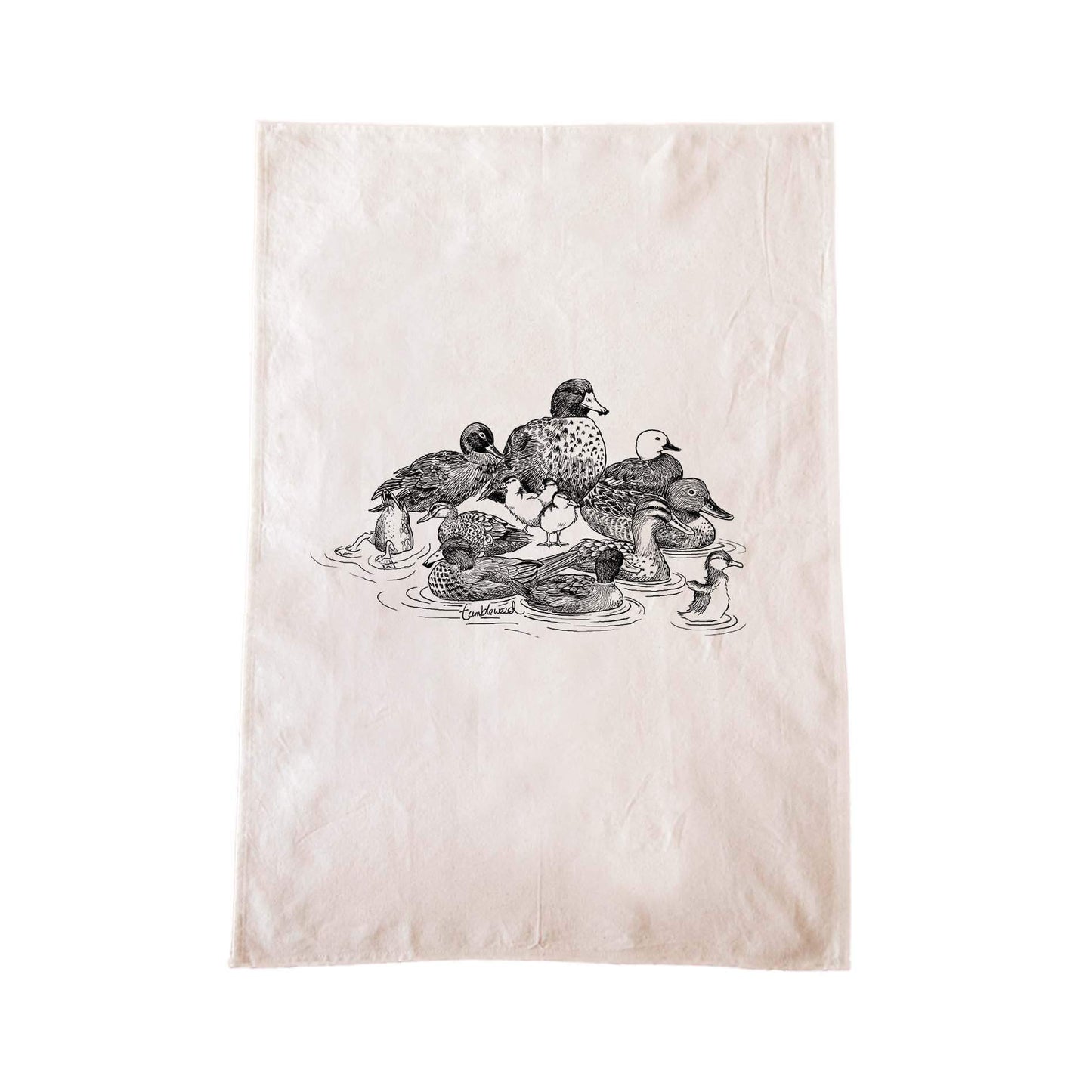 Off-white cotton tea towel with a screen printed NZ Ducks design.
