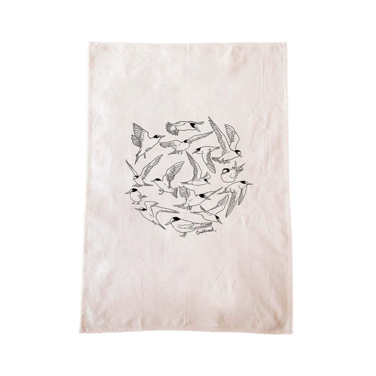 Off-white cotton tea towel with a screen printed Black Stilt/Kakī  design.