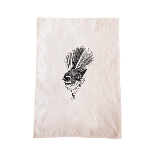 Off-white cotton tea towel with a screen printed Fantail/Pīwakawaka design.