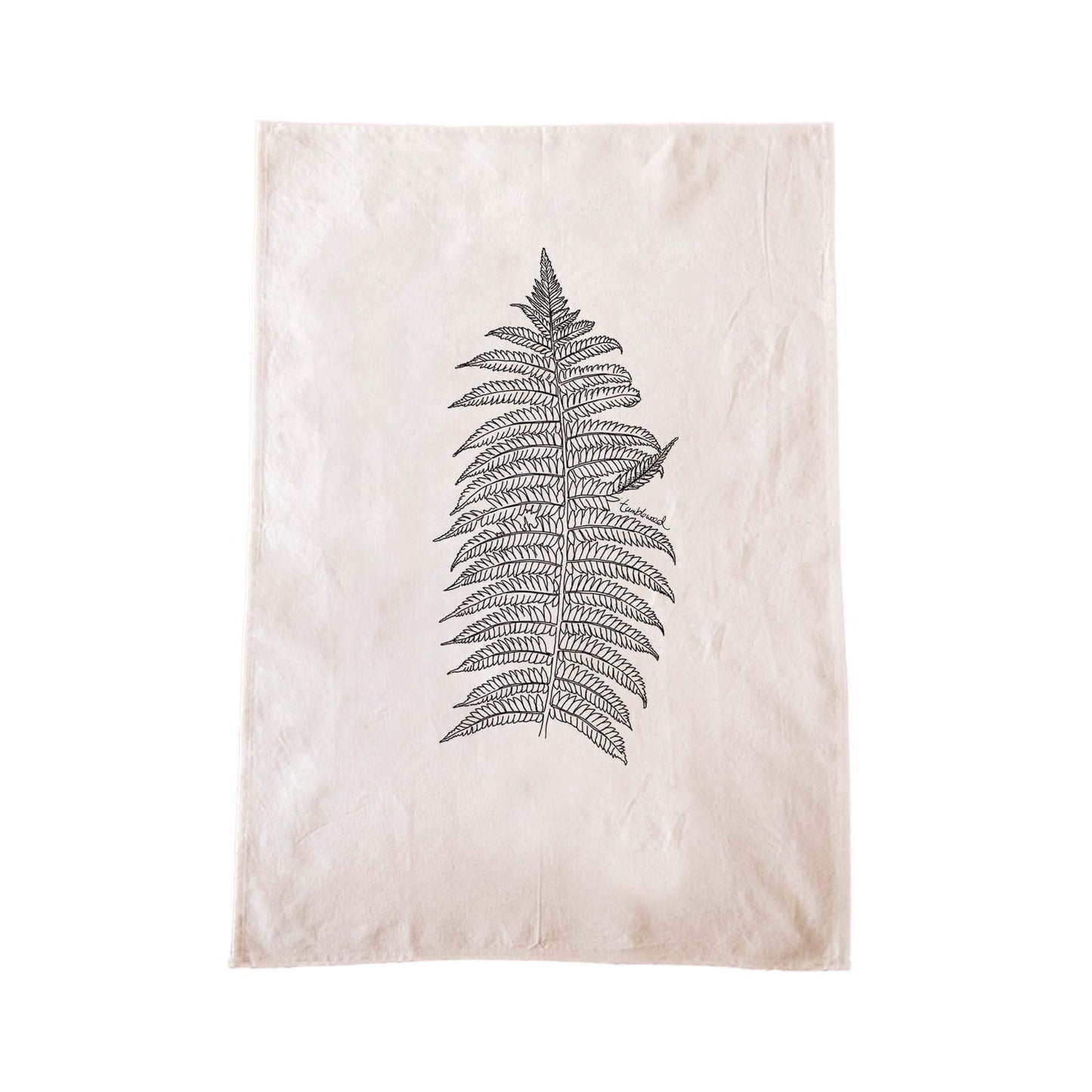 Off-white cotton tea towel with a screen printed Silver fern/ponga design.
