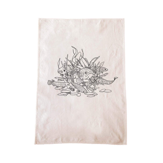 Off-white cotton tea towel with a screen printed Freshwater Fish design.