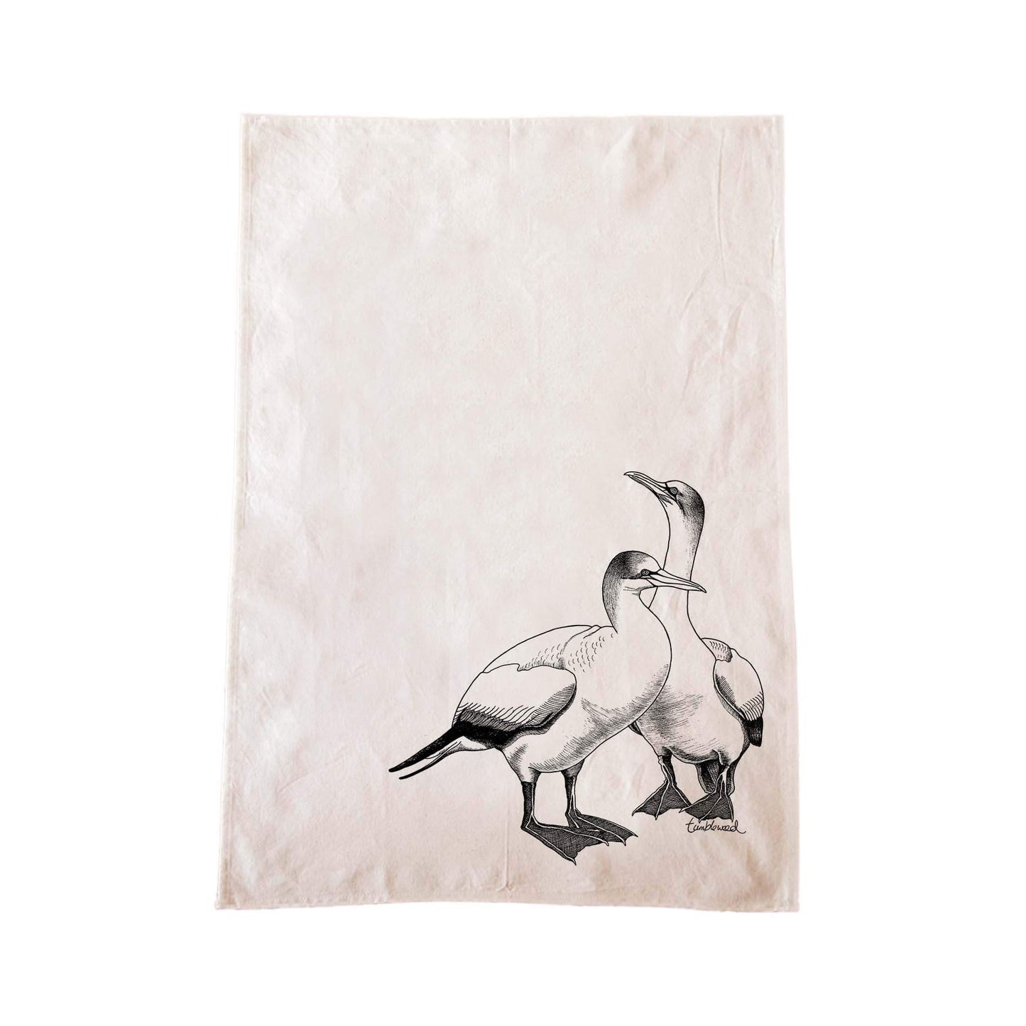 Off-white cotton tea towel with a screen printed Gannet design.