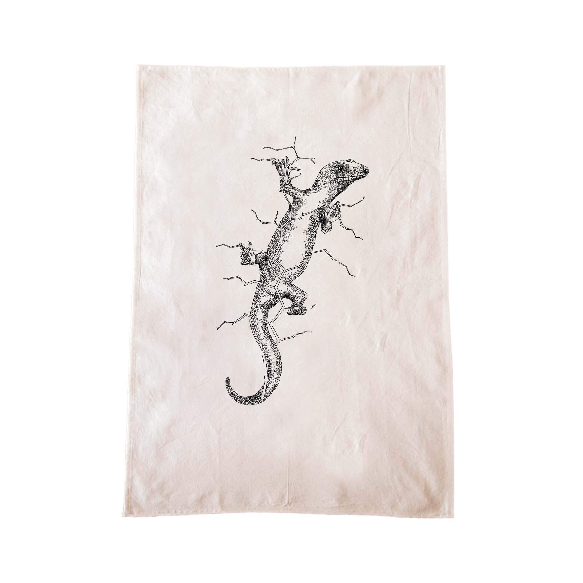 Off-white cotton tea towel with a screen printed Gecko design.