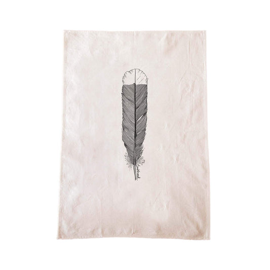 Off-white cotton tea towel with a screen printed Huia Feather design.