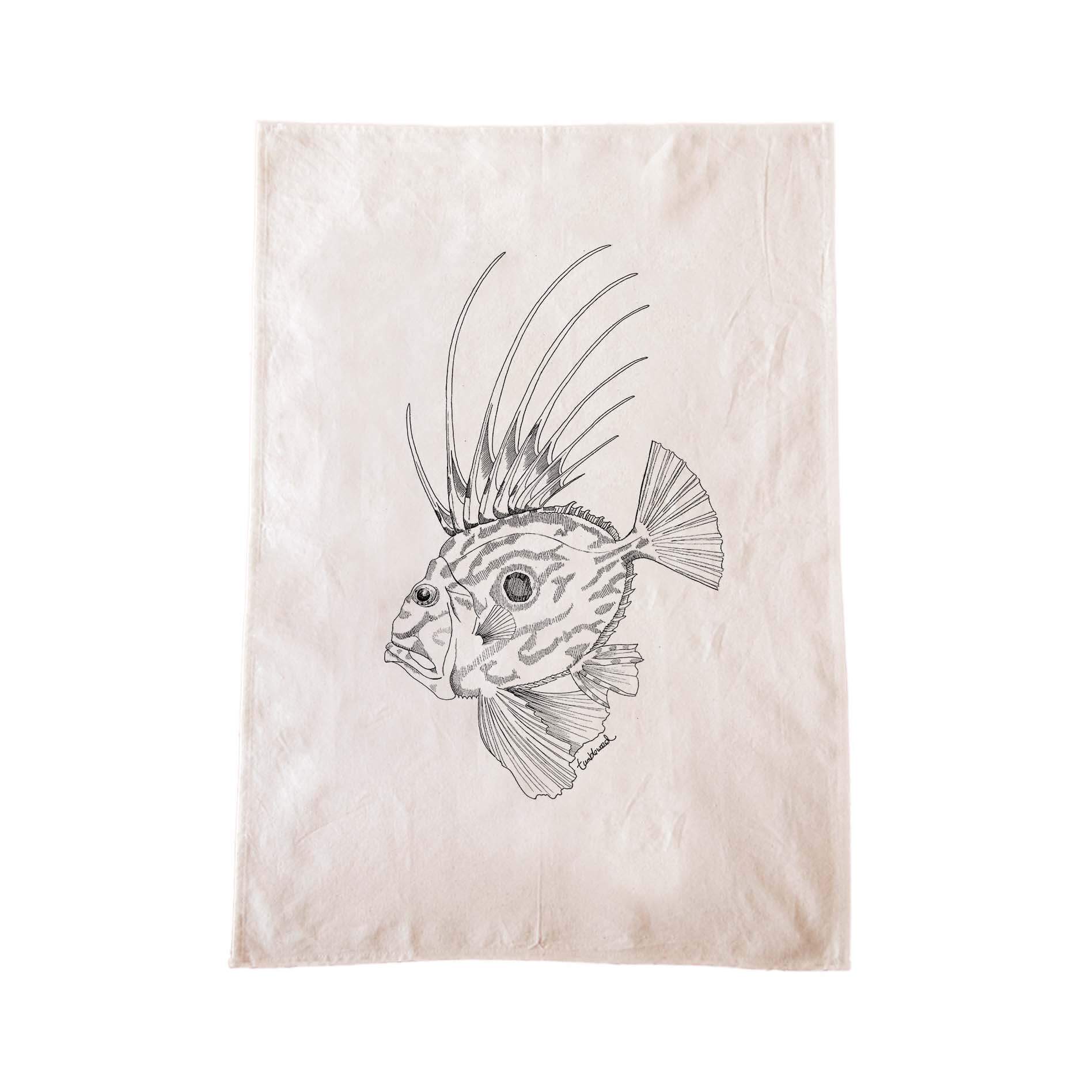Off-white cotton tea towel with a screen printed John Dory design.