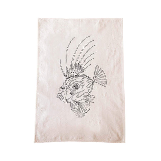 Off-white cotton tea towel with a screen printed John Dory design.