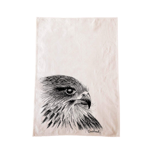 Off-white cotton tea towel with a screen printed Karearea/Falcon design.