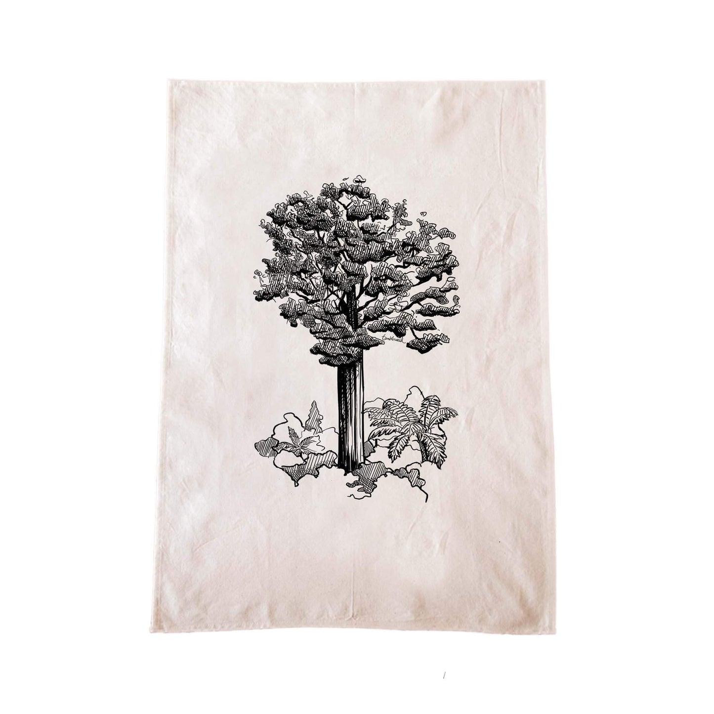 Off-white cotton tea towel with a screen printed Kauri design.