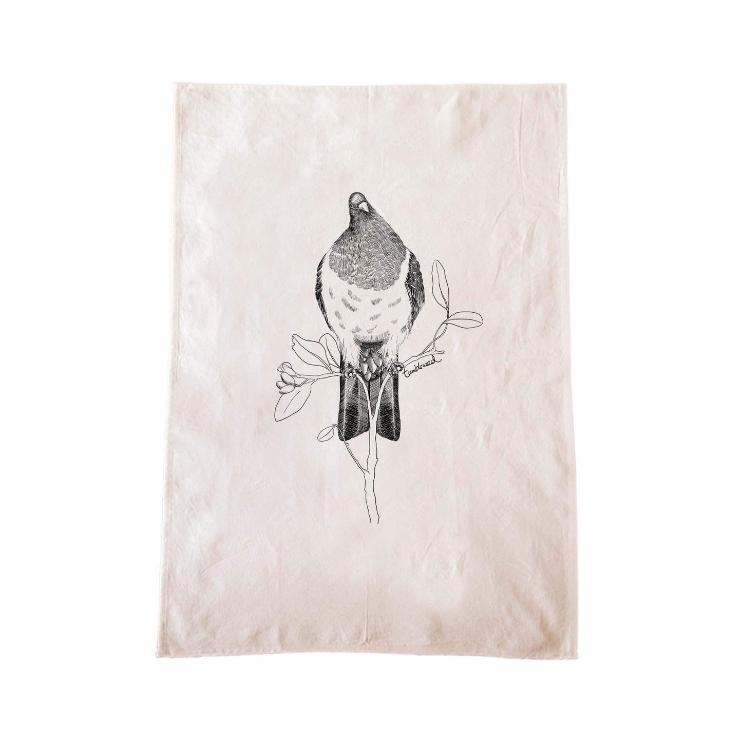Off-white cotton tea towel with a screen printed Kererū design.