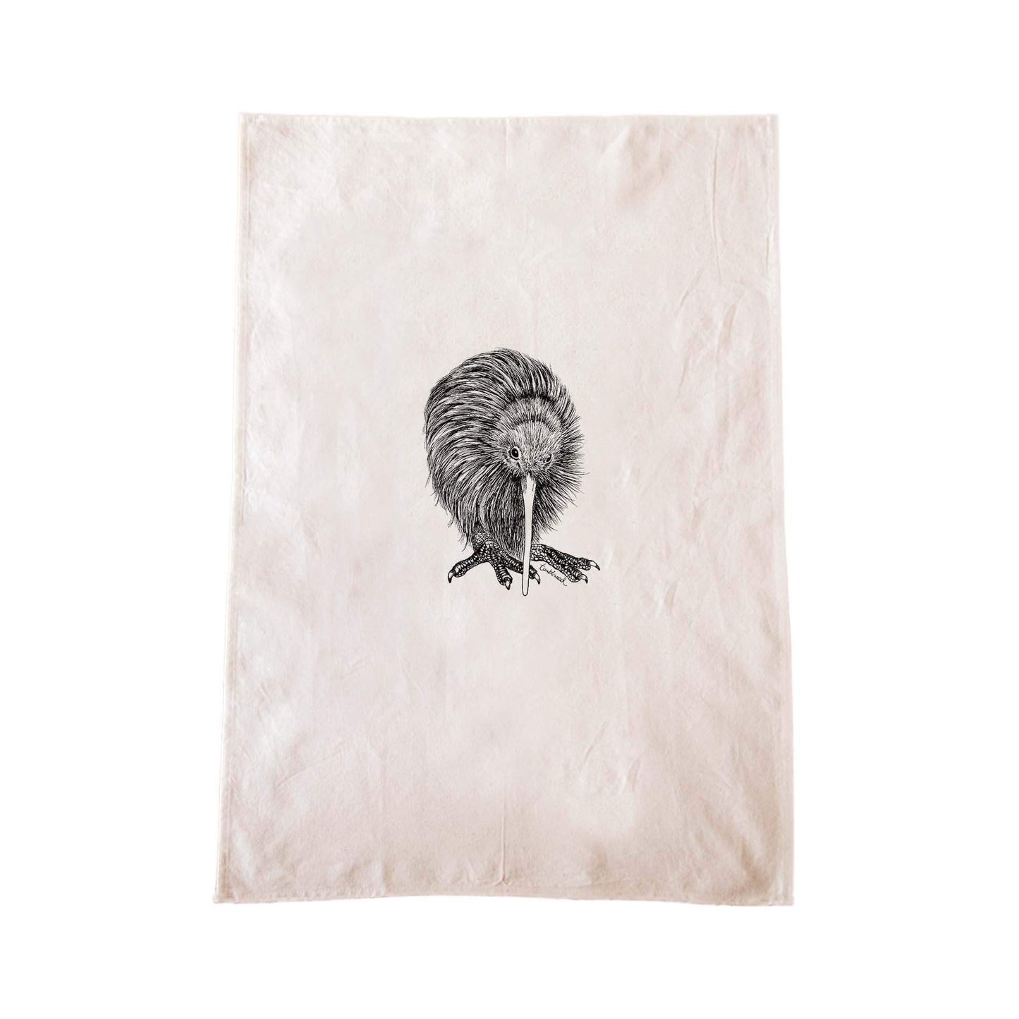 Off-white cotton tea towel with a screen printed Kiwi design.