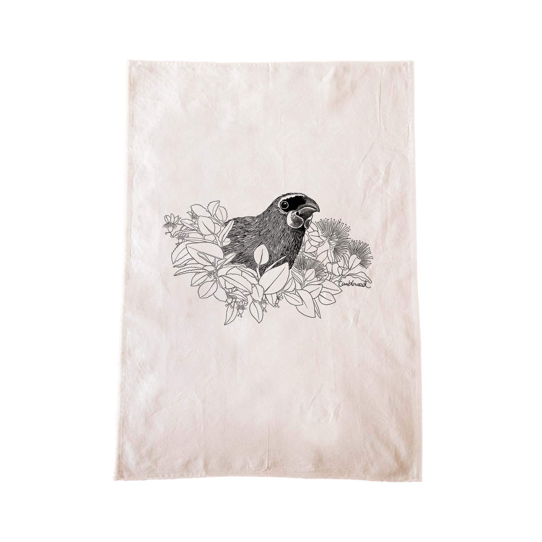 Off-white cotton tea towel with a screen printed Kōkako design.