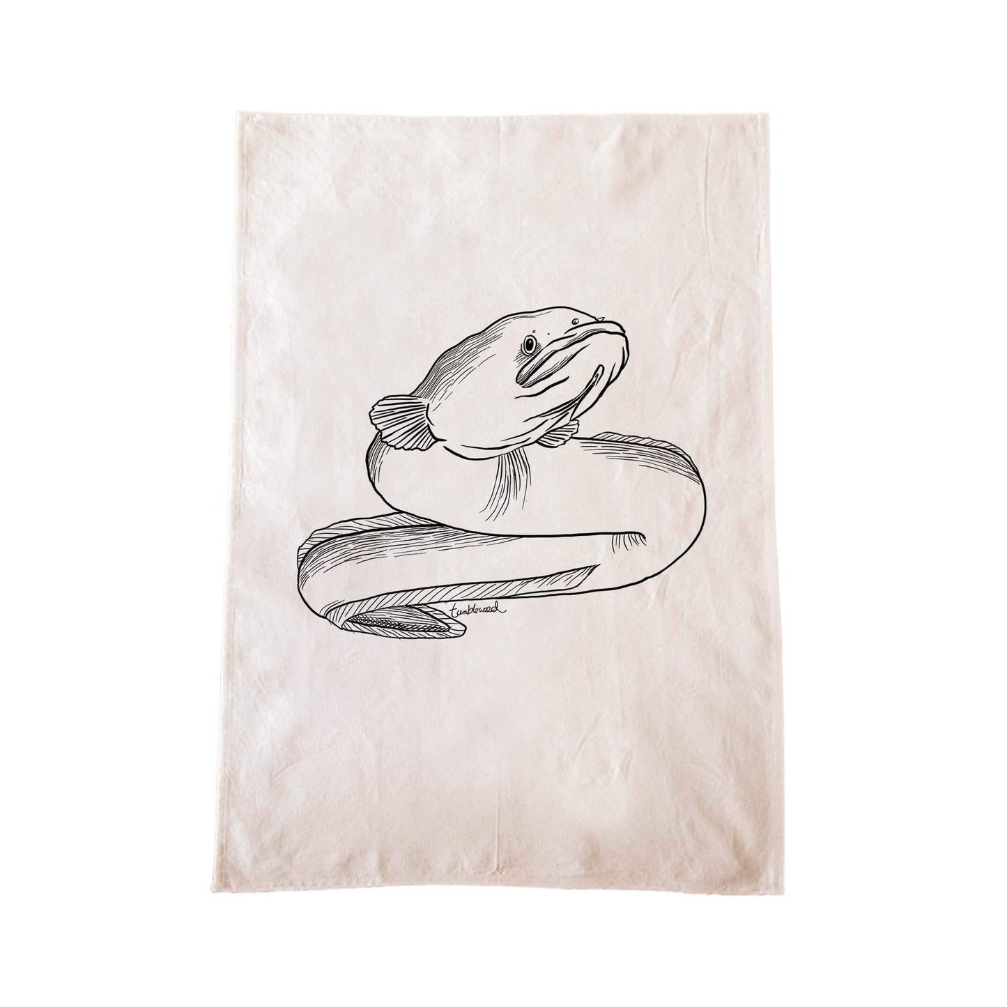 Off-white cotton tea towel with a screen printed Longfin Eel/Tuna design.