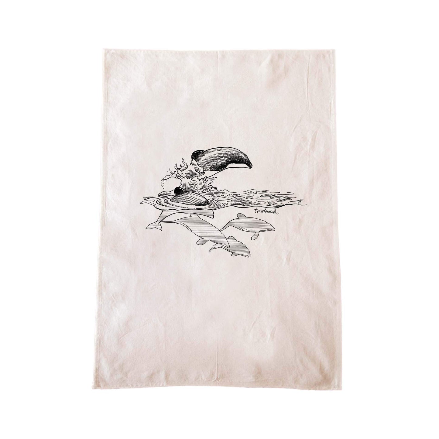 Off-white cotton tea towel with a screen printed Māui dolphin design.
