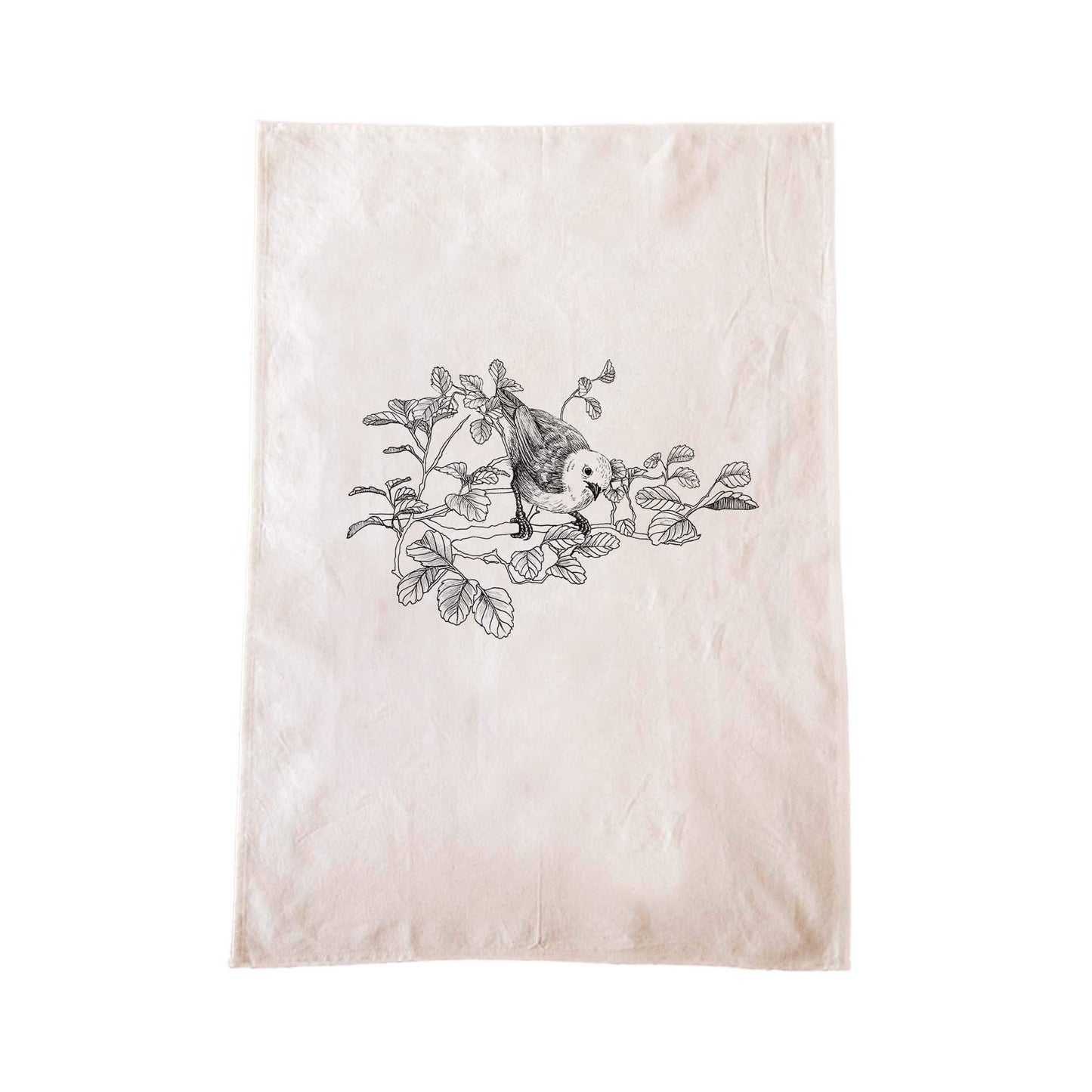 Off-white cotton tea towel with a screen printed Mōhua/Yellowhead design.