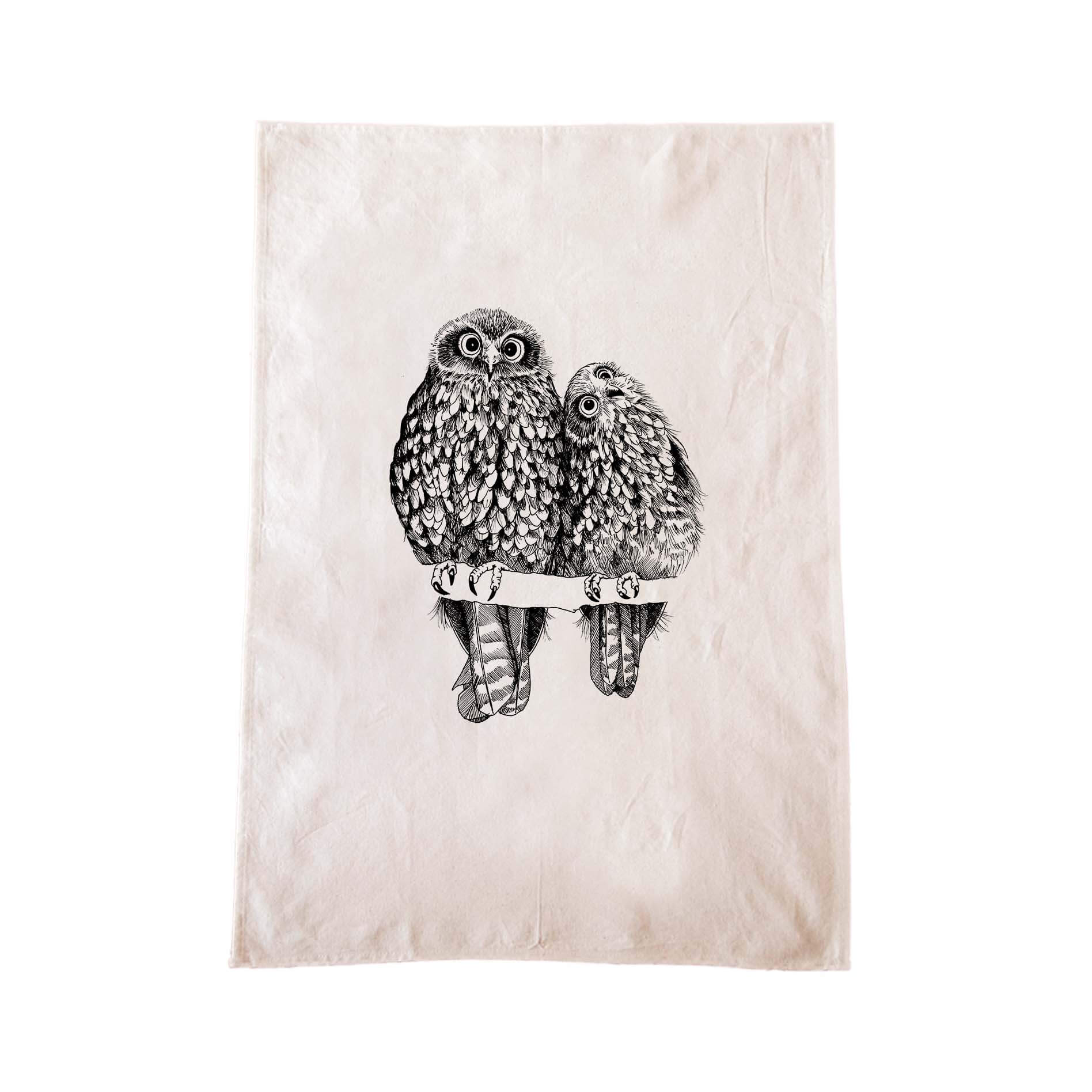 Off-white cotton tea towel with a screen printed Morepork/Ruru design.