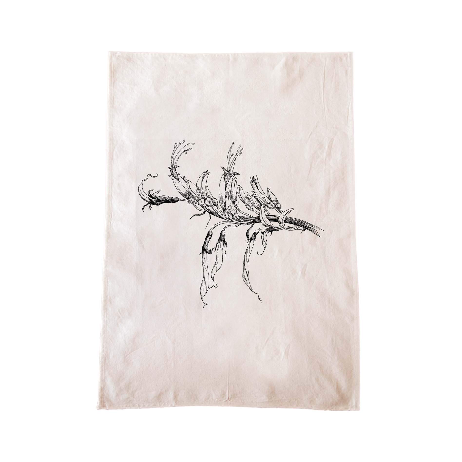 Off-white cotton tea towel with a screen printed Kārearea/NZ Falcon design.