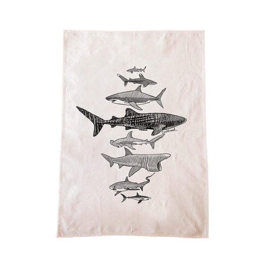 Off-white cotton tea towel with a screen printed Sharks design.