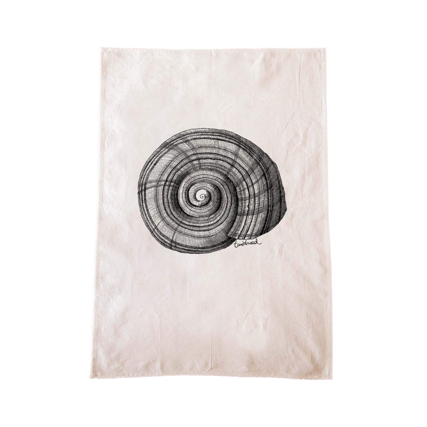 Off-white cotton tea towel with a screen printed NZ Snail design.