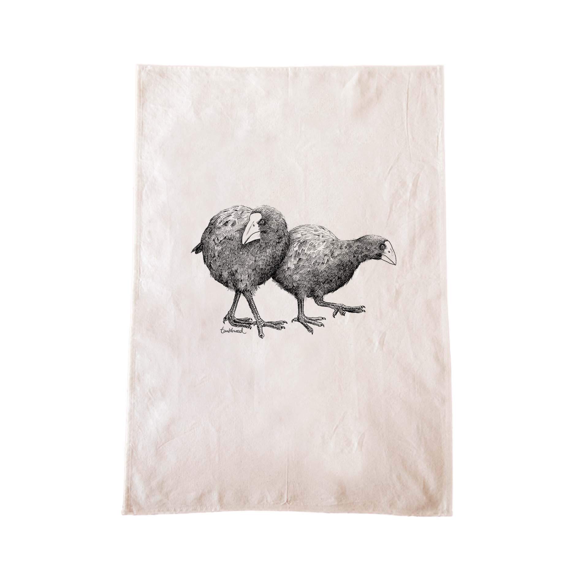 Off-white cotton tea towel with a screen printed Takahē design.
