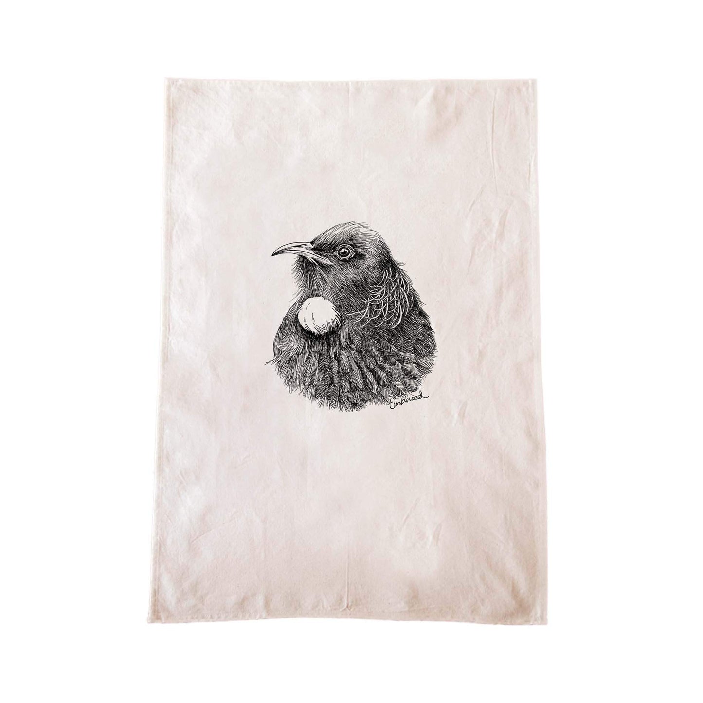 Off-white cotton tea towel with a screen printed Tui design.