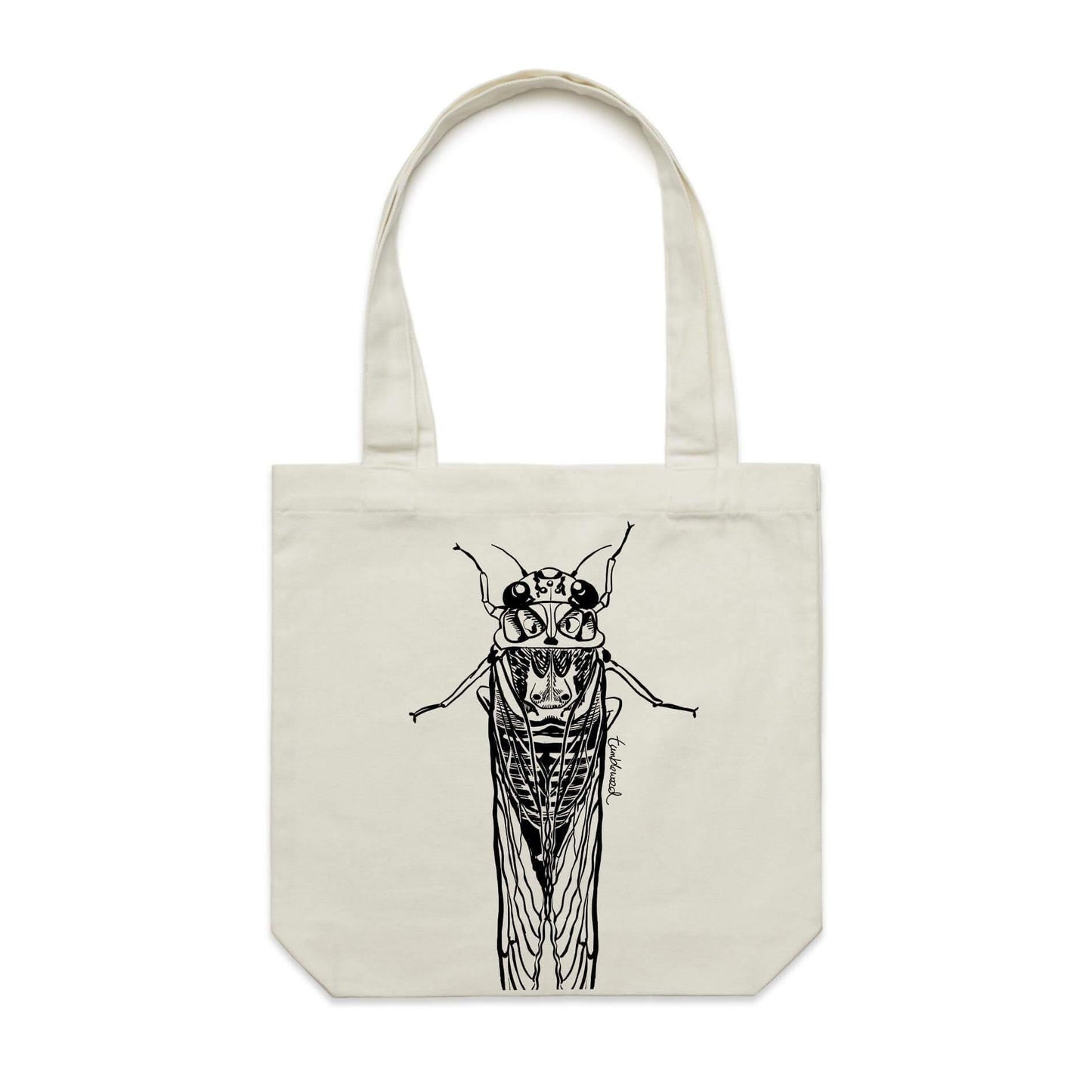 Cotton canvas tote bag with a screen printed Cicada/kihikihi-wawā design.