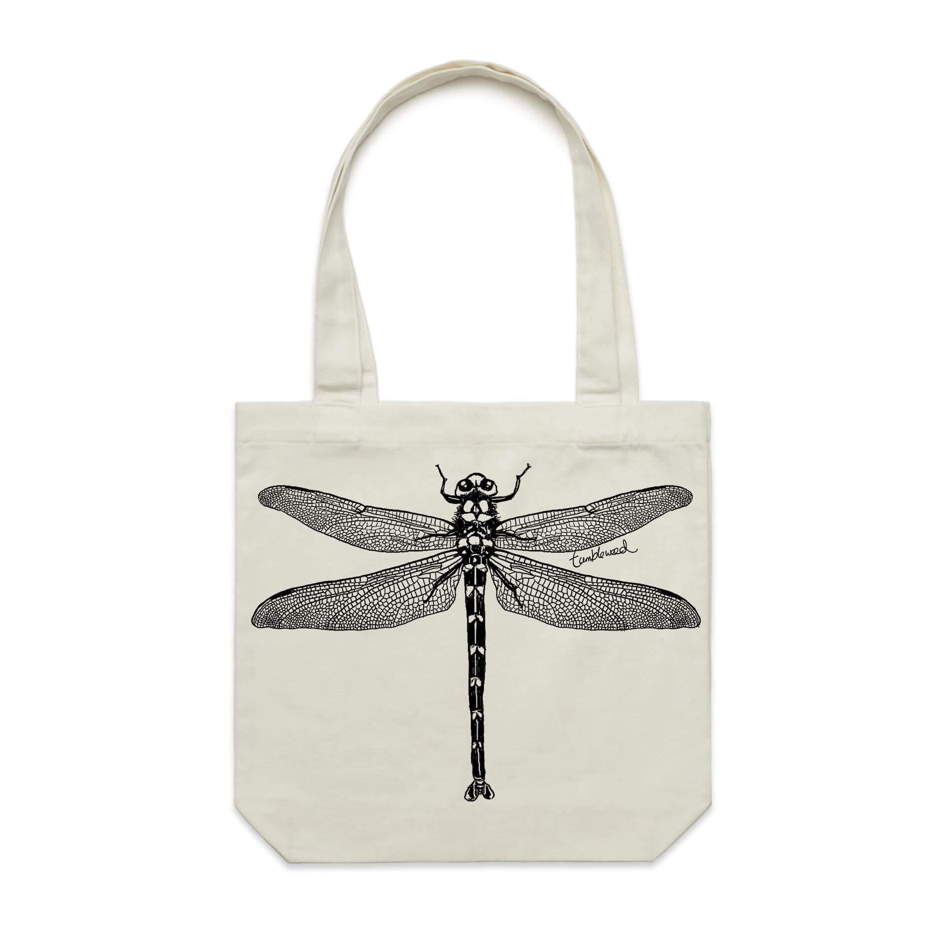 Cotton canvas tote bag with a screen printed Dragonfly design.