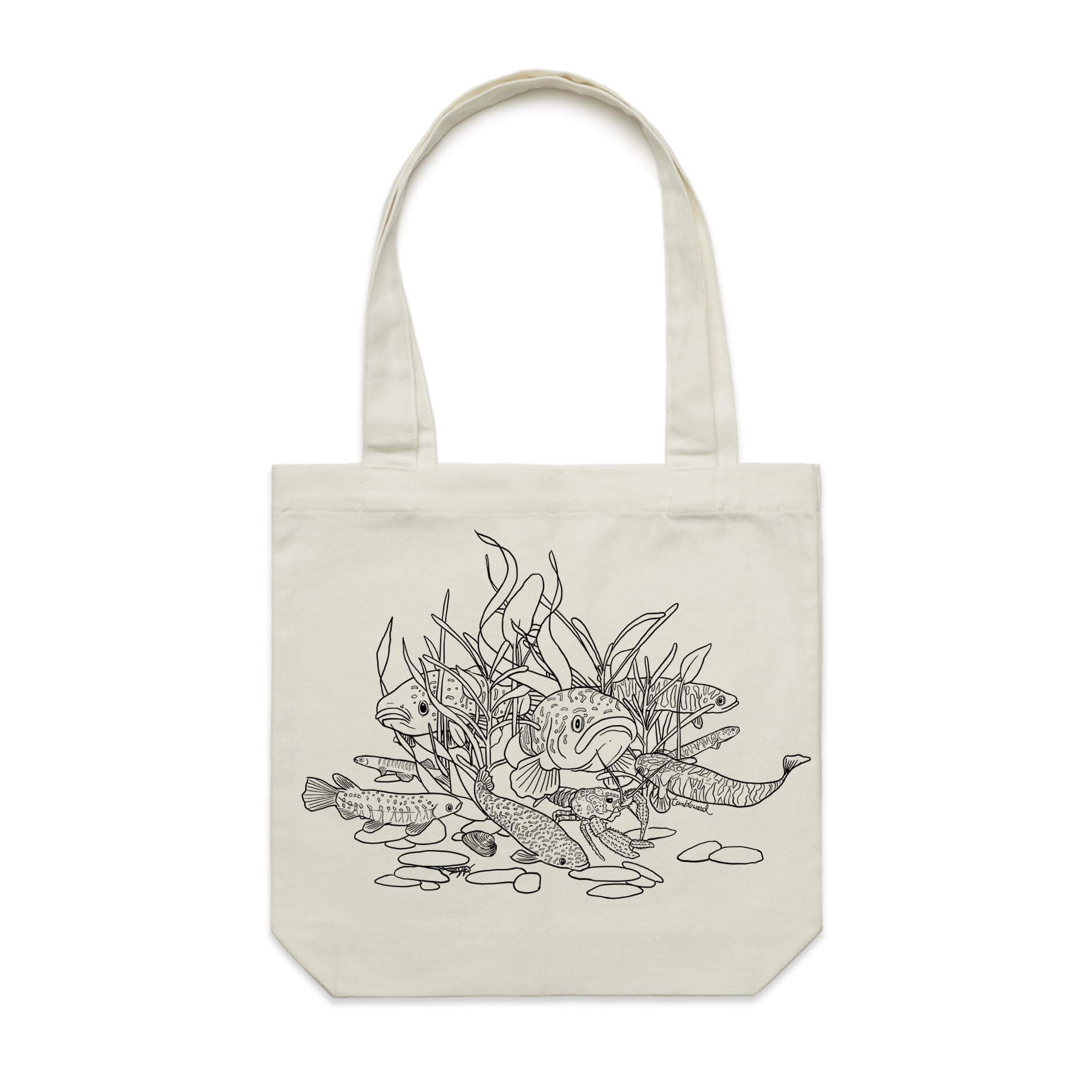 Cotton canvas tote bag with a screen printed Freshwater design.