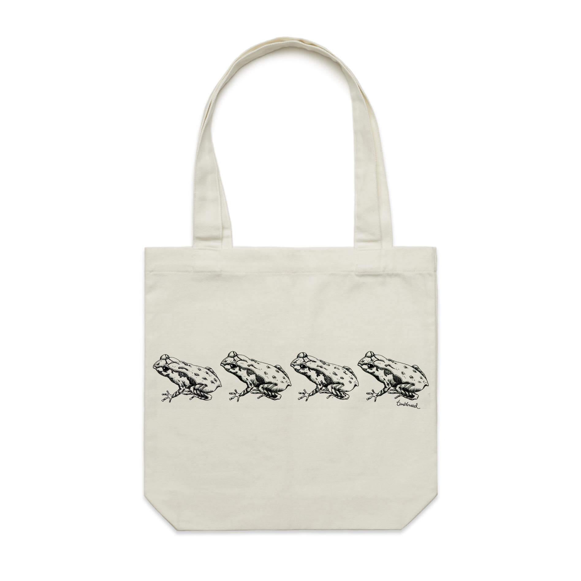 Cotton canvas tote bag with a screen printed Archey's Frog design.