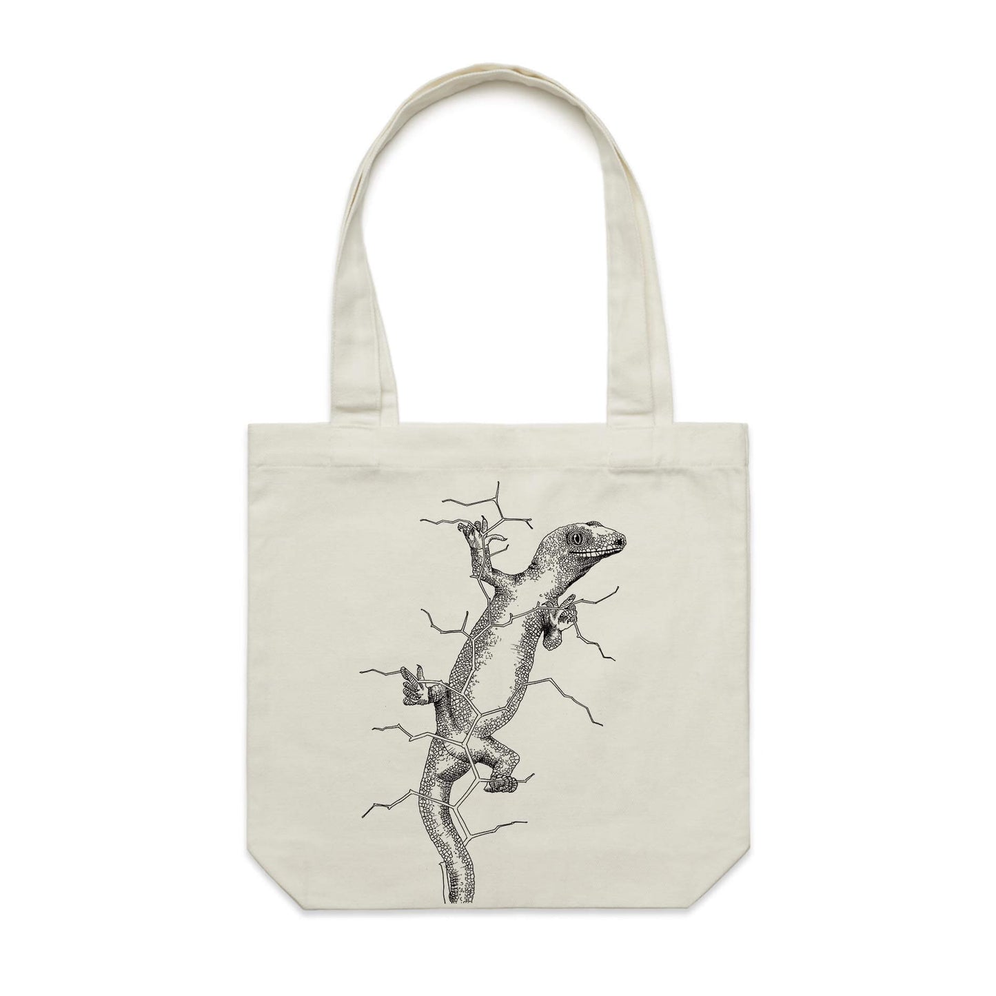 Cotton canvas tote bag with a screen printed Gecko design.