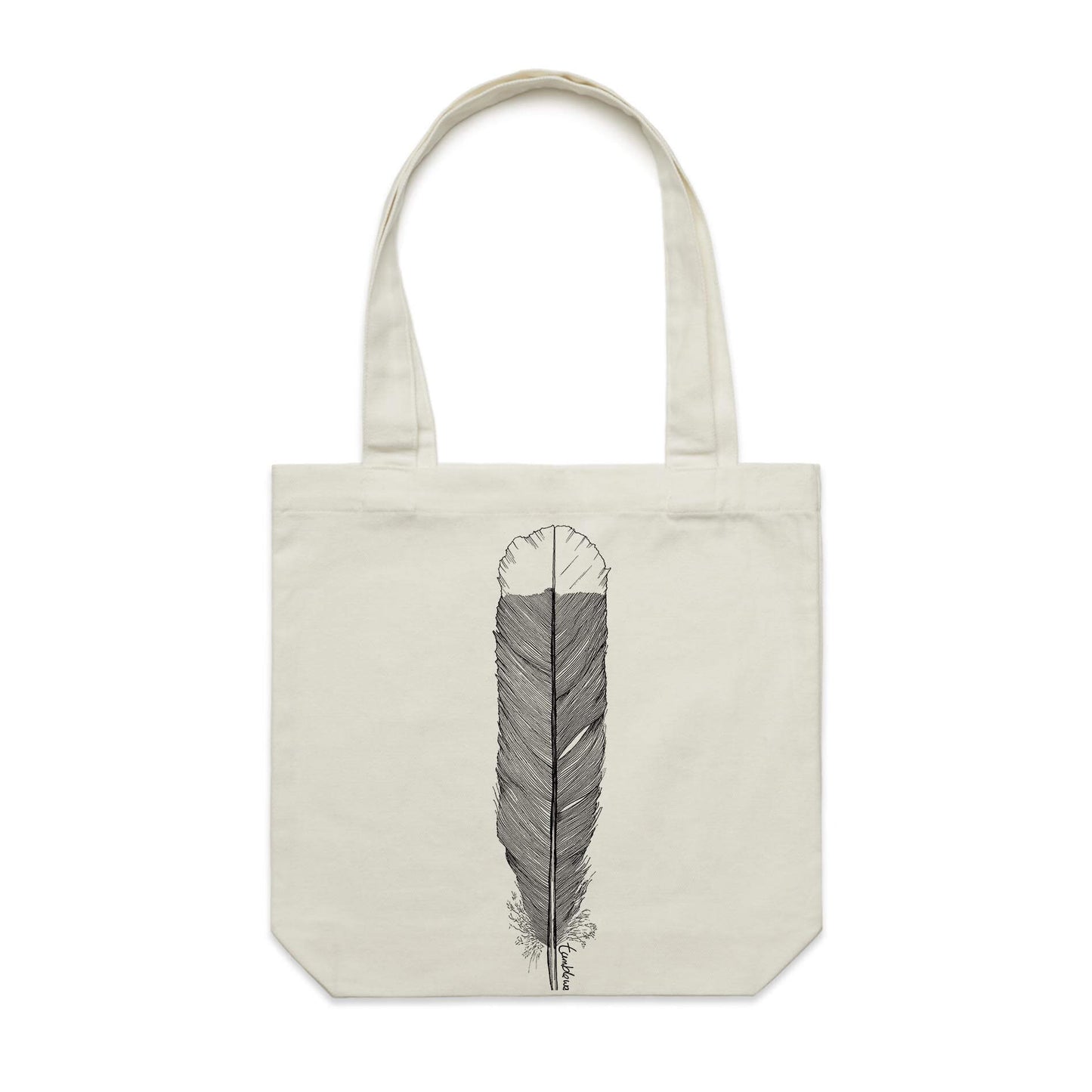 Cotton canvas tote bag with a screen printed Huia Feather design.
