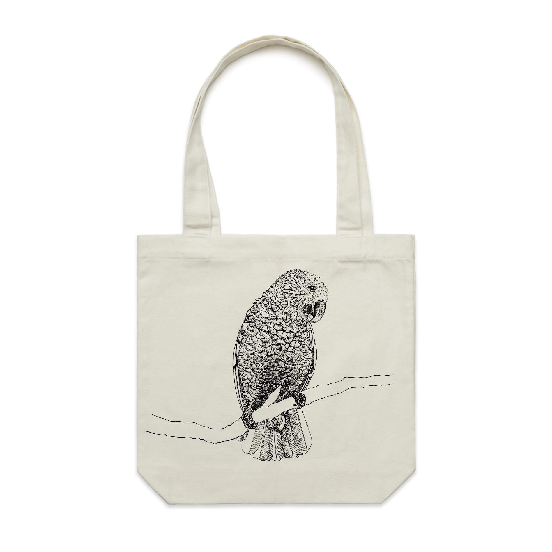 Cotton canvas tote bag with a screen printed Kaka design.