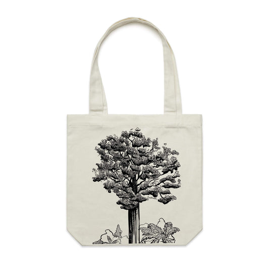 Cotton canvas tote bag with a screen printed Kauri design.
