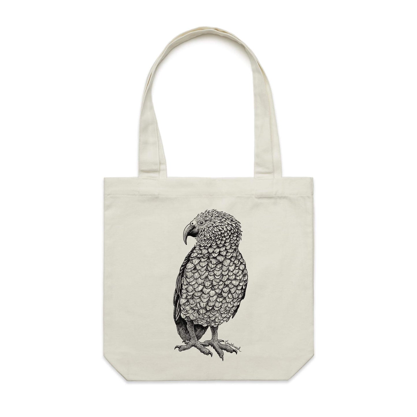 Cotton canvas tote bag with a screen printed Kea design.