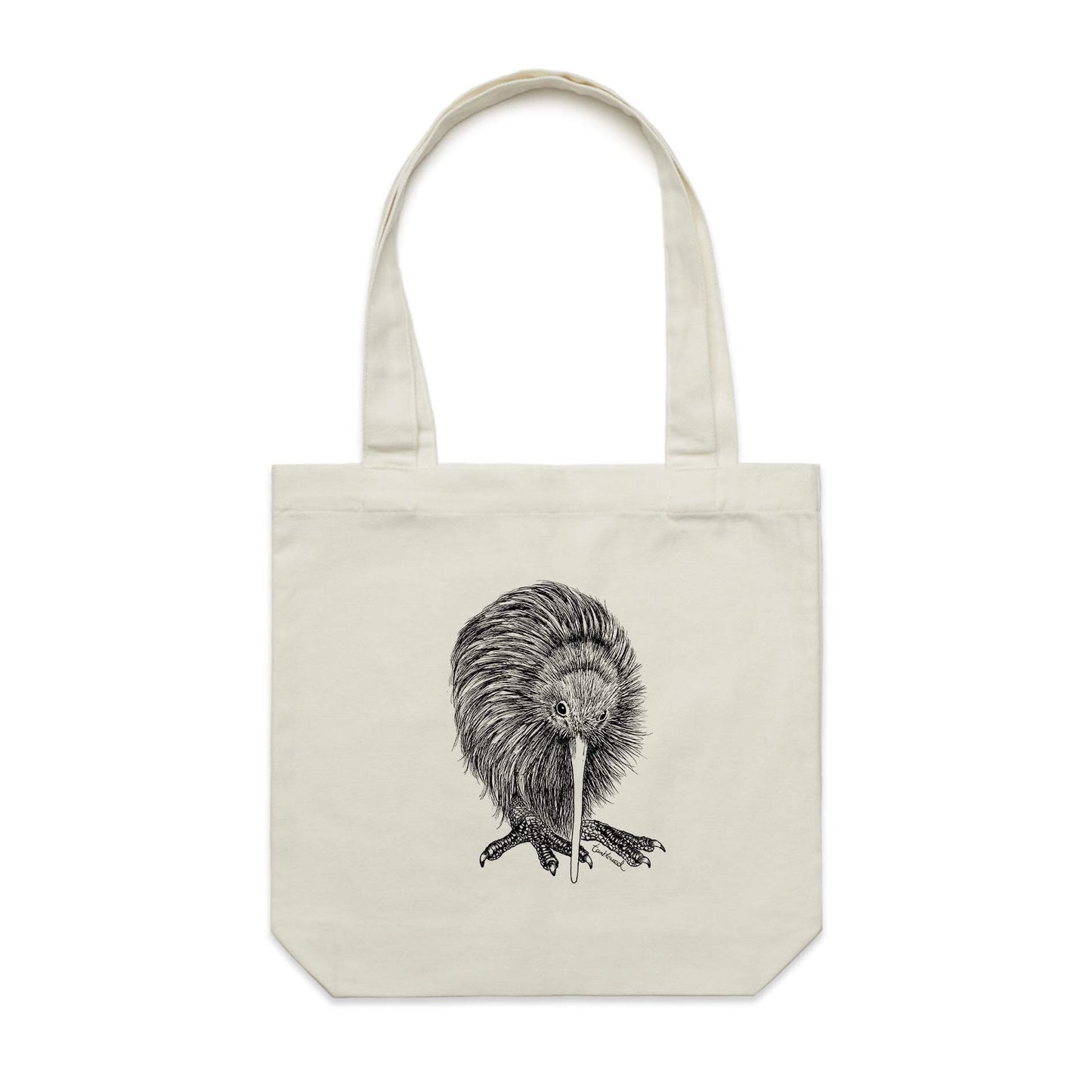Cotton canvas tote bag with a screen printed Kiwi design.