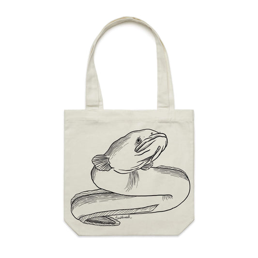 Cotton canvas tote bag with a screen printed Longfin Eel/Tuna design.