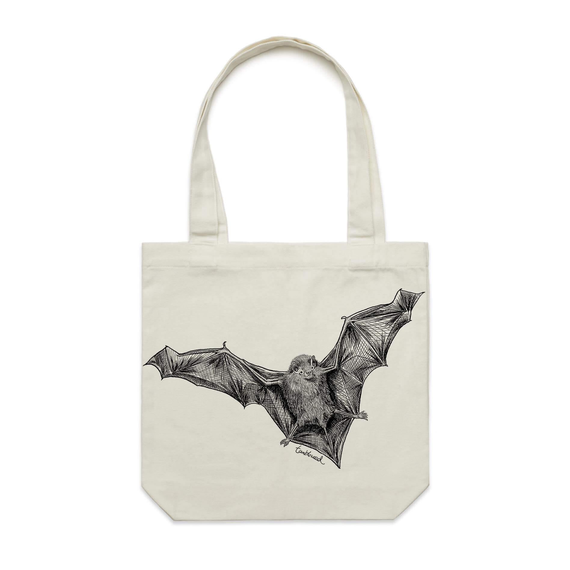 Cotton canvas tote bag with a screen printed Bat/Pekapeka design.