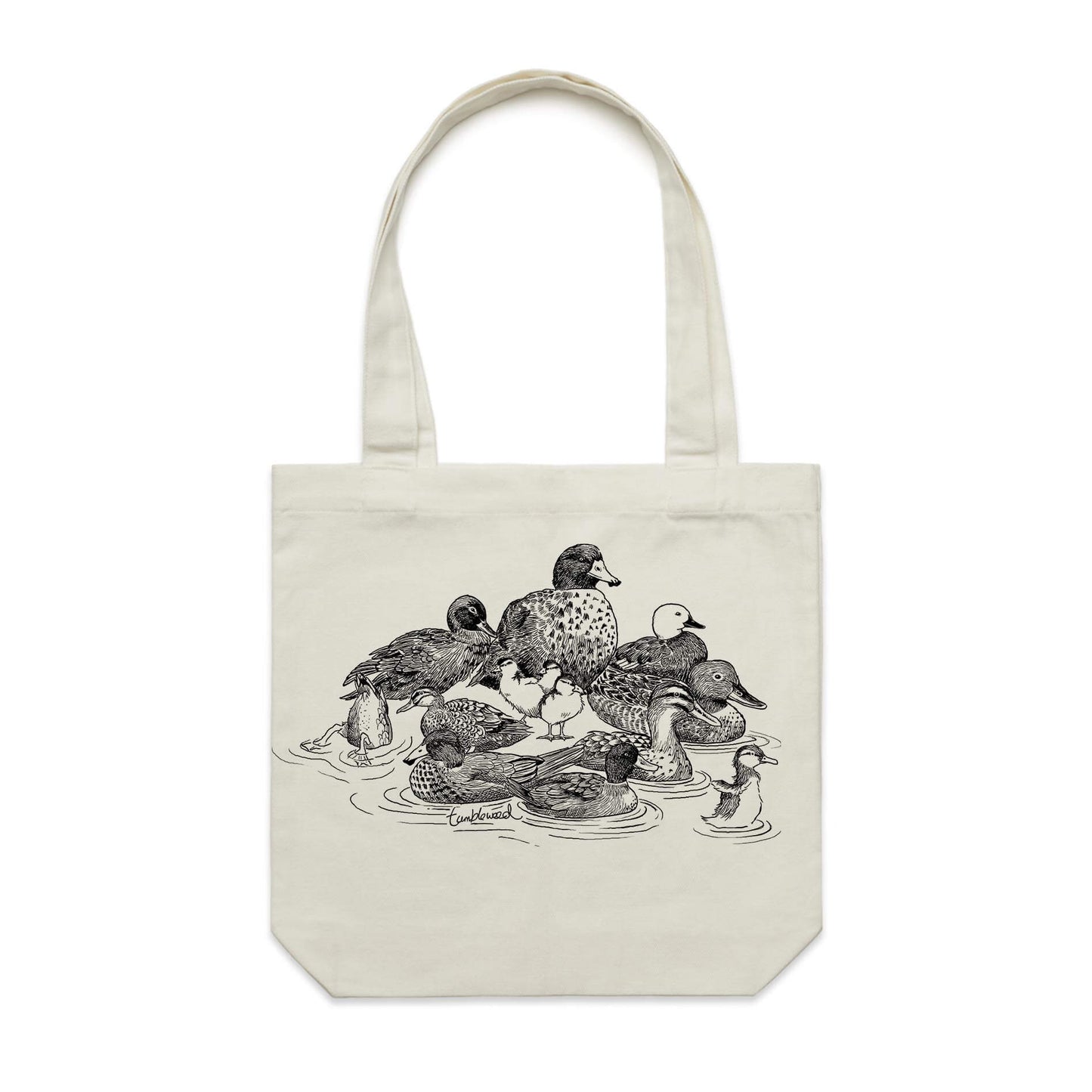 Cotton canvas tote bag with a screen printed NZ Ducks design.