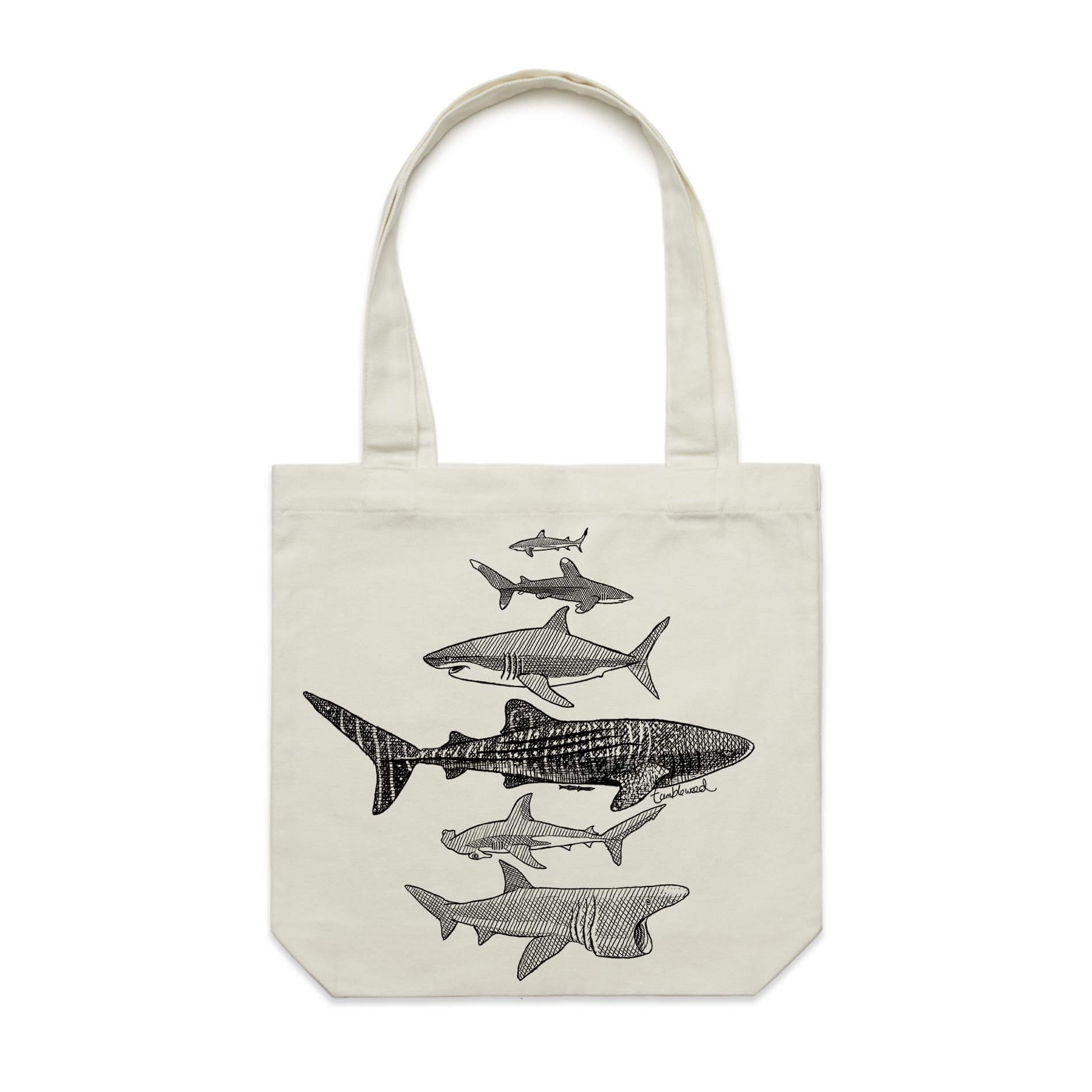 Cotton canvas tote bag with a screen printed Sharks design.