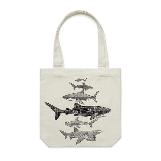 Cotton canvas tote bag with a screen printed Sharks design.