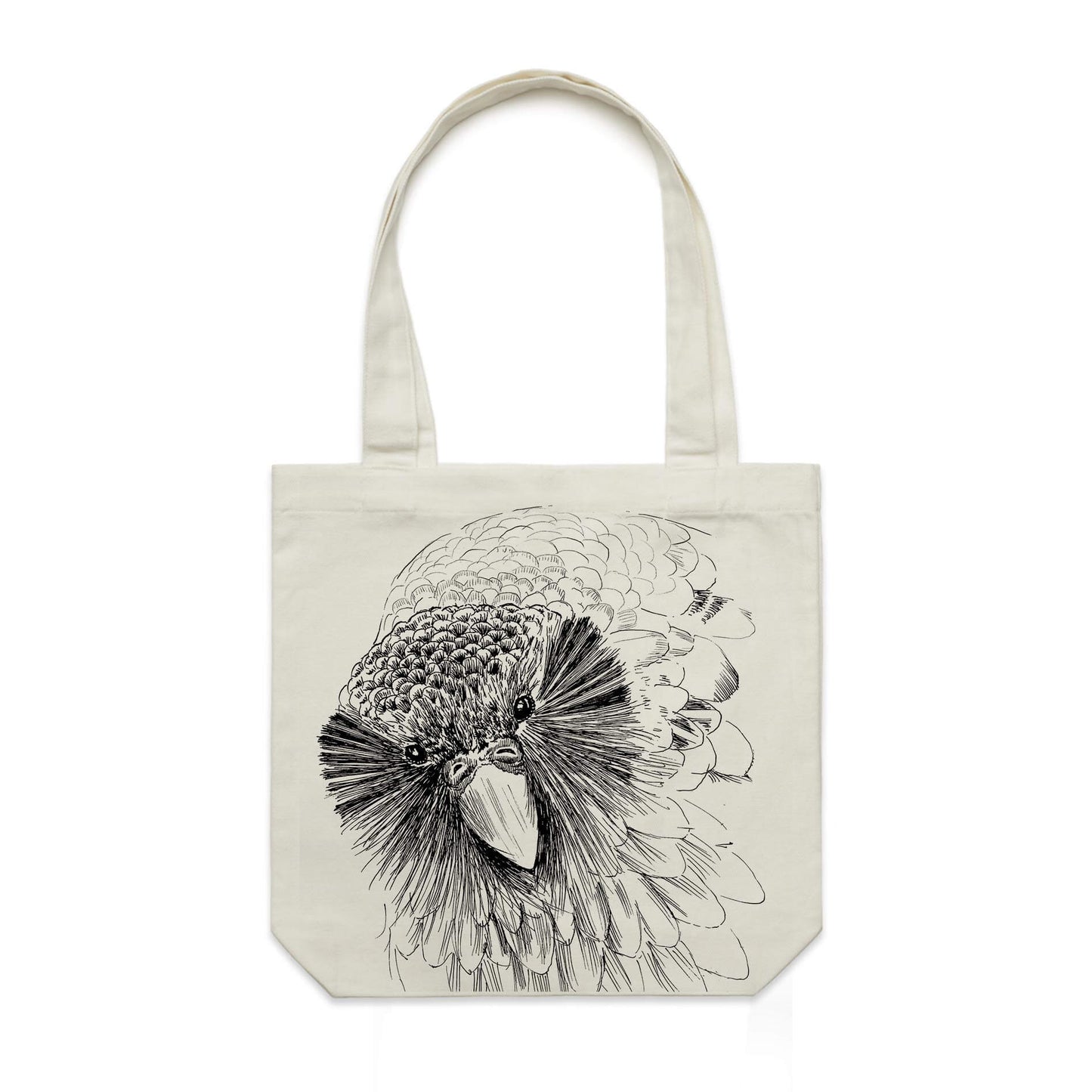Cotton canvas tote bag with a screen printed Sirocco the Kākāpō design.