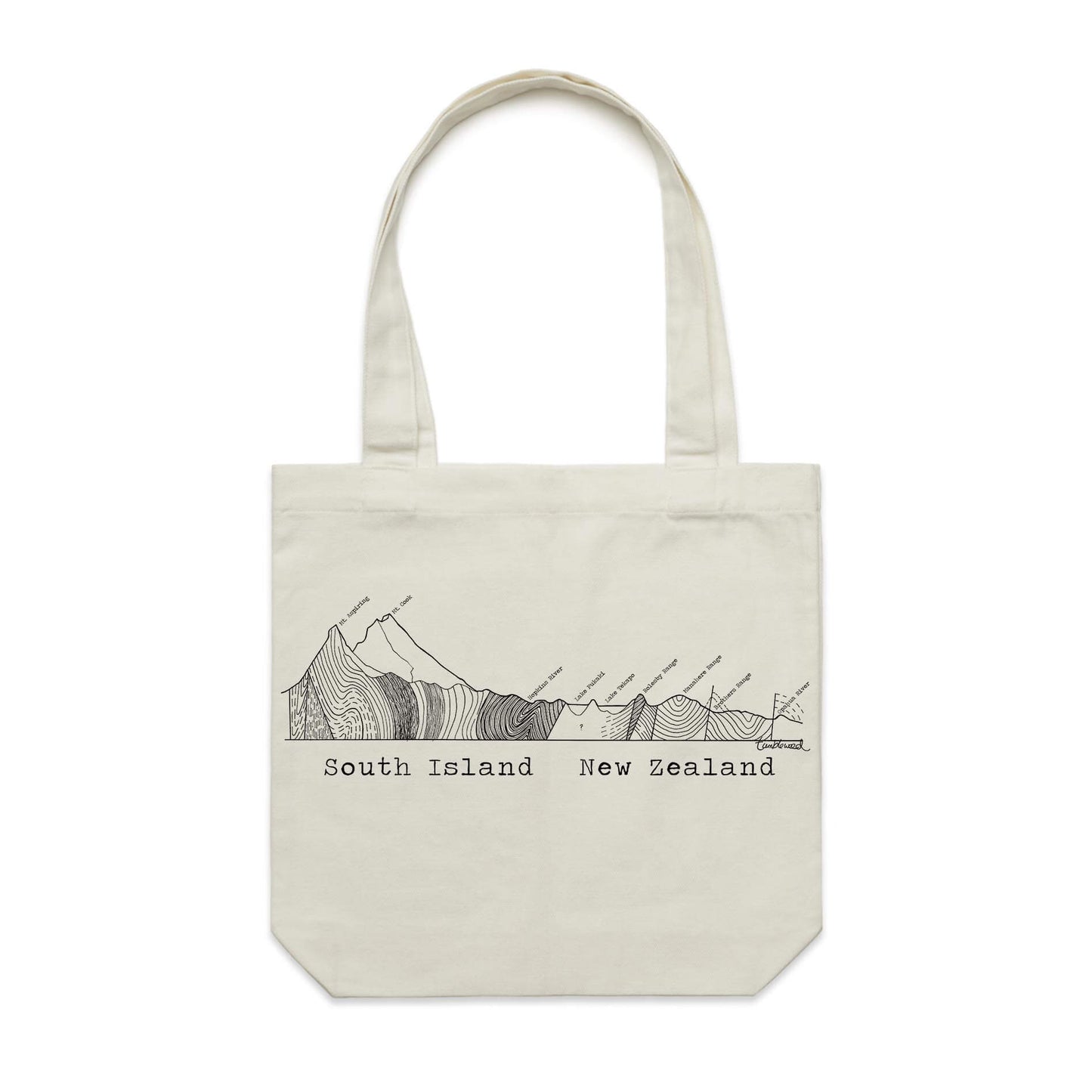 Cotton canvas tote bag with a screen printed South Island Cross Section design.