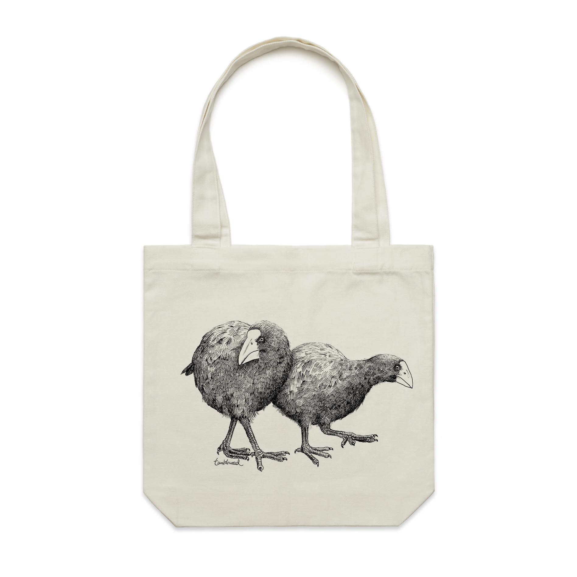 Cotton canvas tote bag with a screen printed Takahē design.