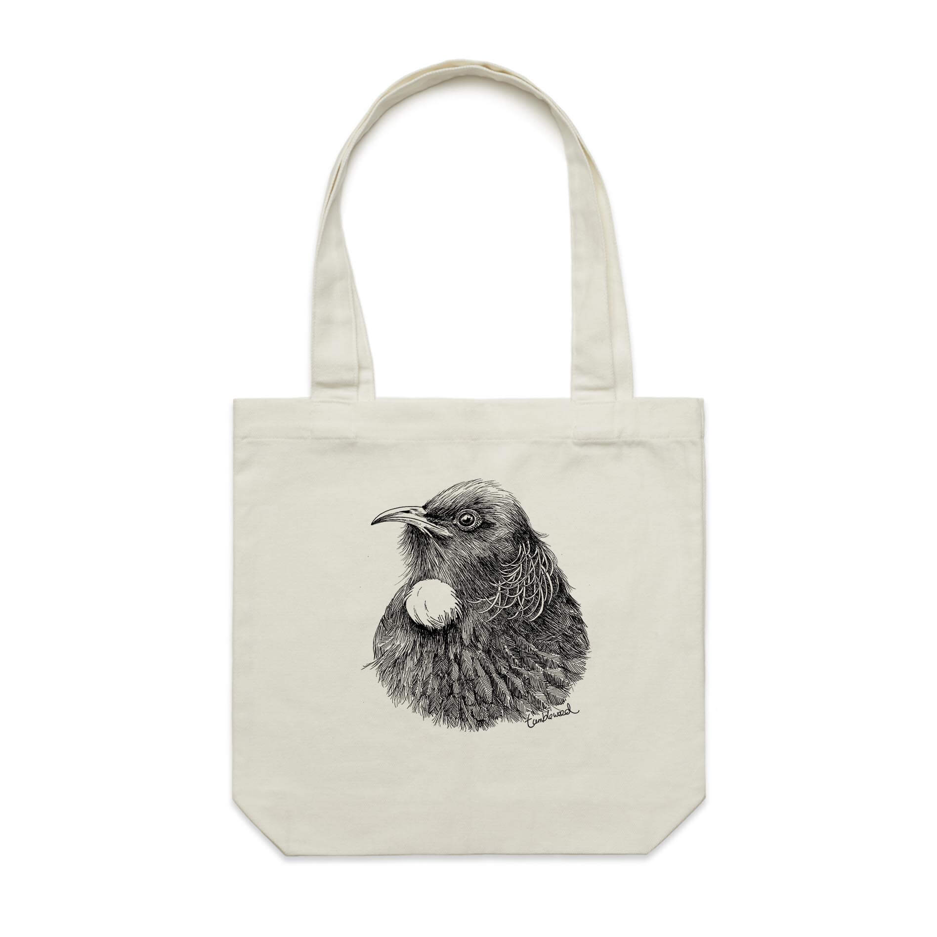 Cotton canvas tote bag with a screen printed Tui design.