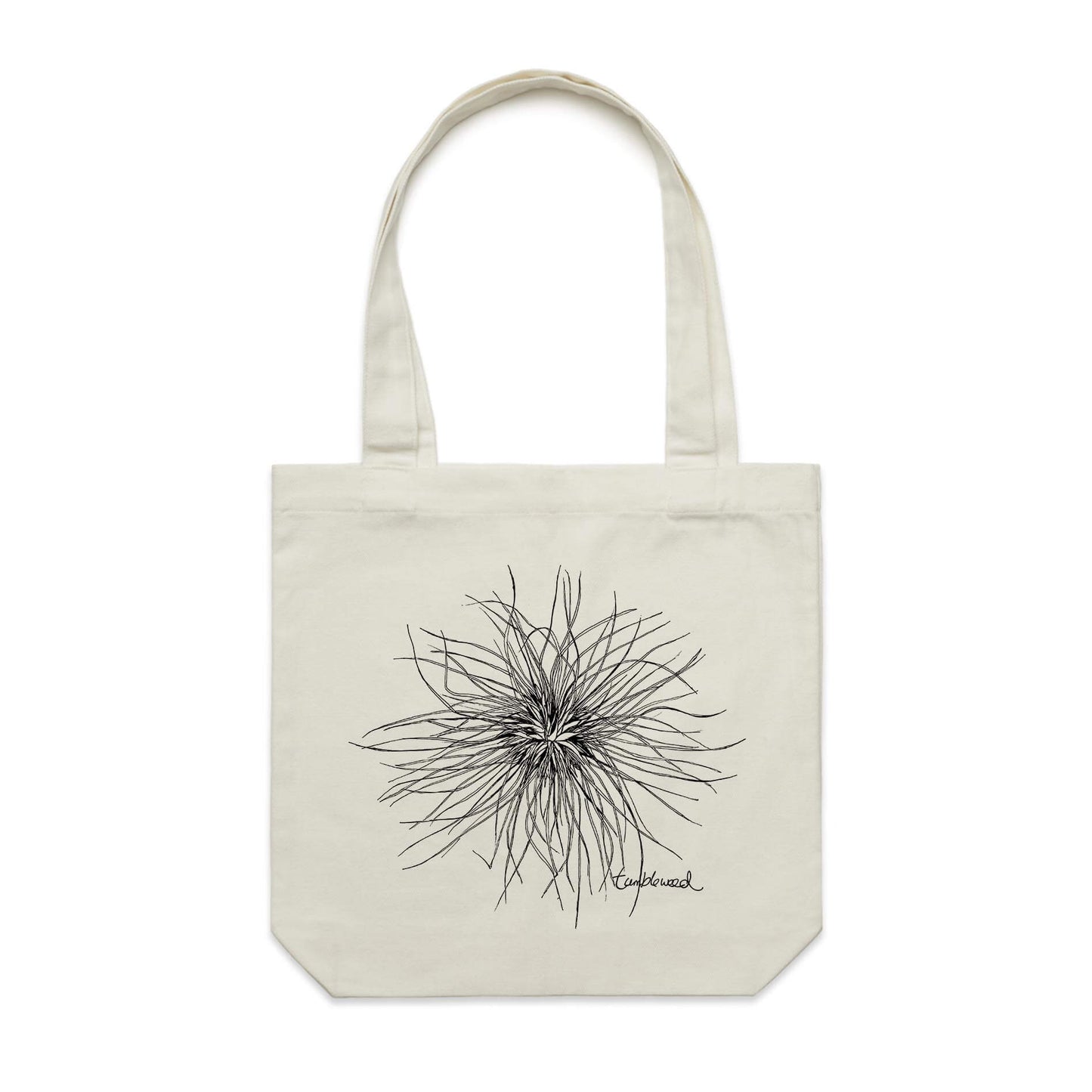 Cotton canvas tote bag with a screen printed Tumbleweed design.