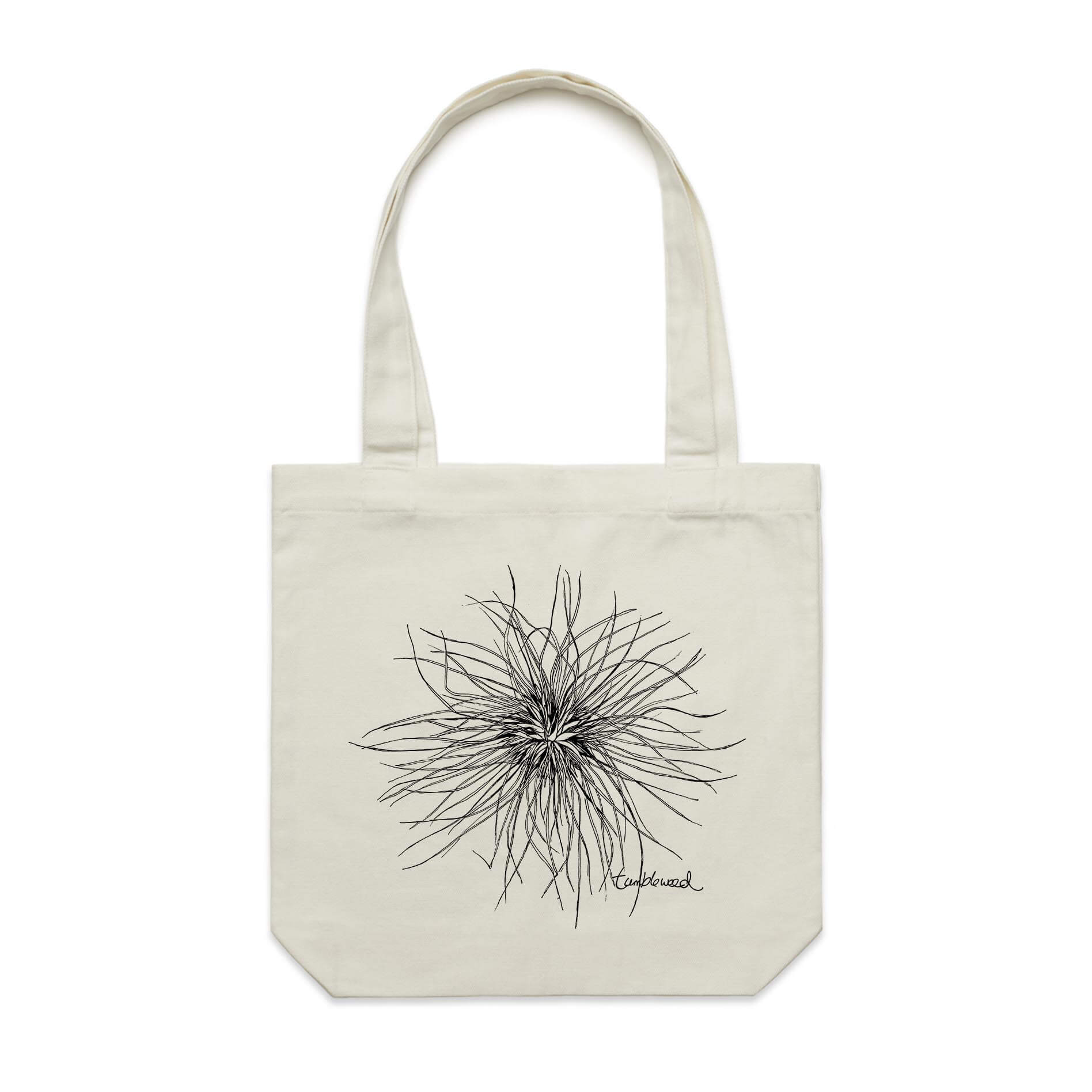 Cotton canvas tote bag with a screen printed Tumbleweed design.