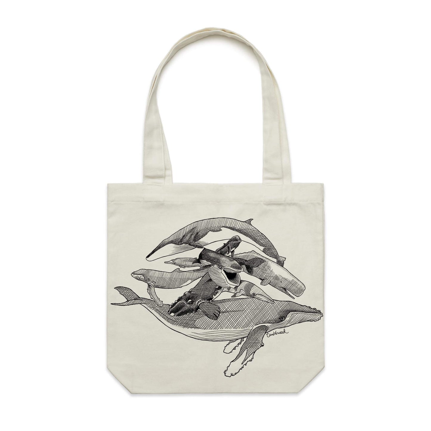 Cotton canvas tote bag with a screen printed Whales design.